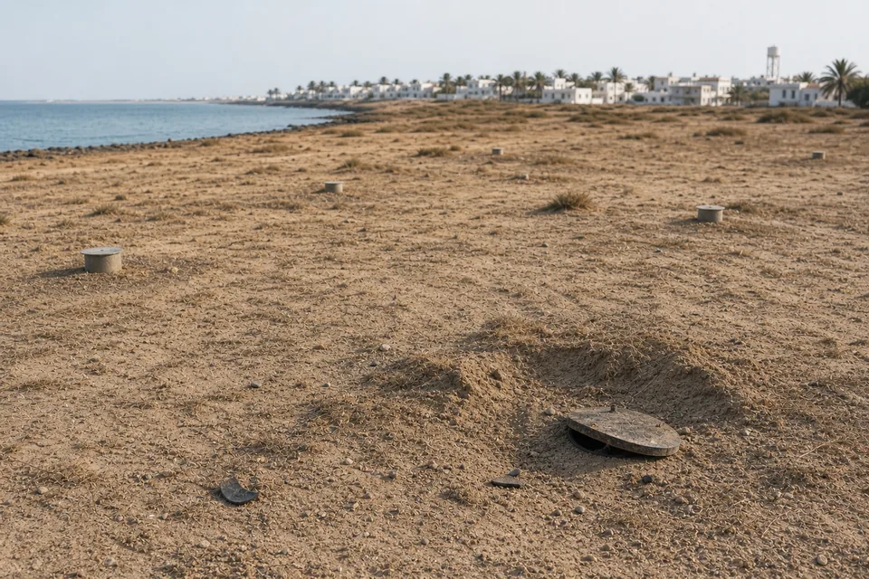 One locally damaged access point surrounded by several intact separated points on a fictional coast.