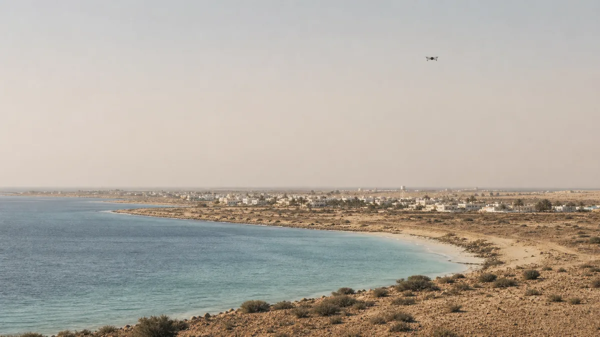 A small unmarked drone observing a fictional arid coast and distant settlement.