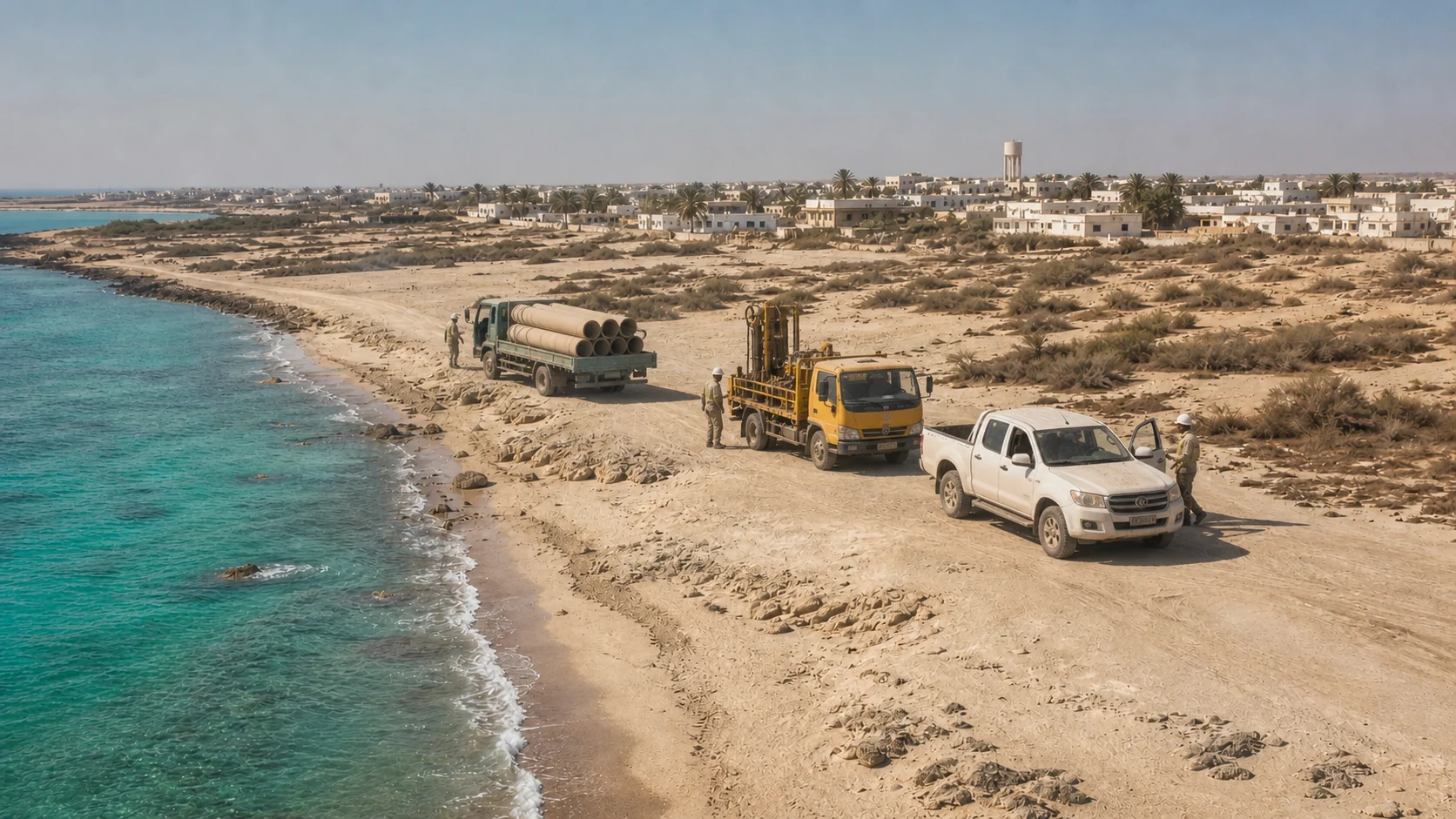 A compact installation convoy arriving at a fictional Persian Gulf coastal site.
